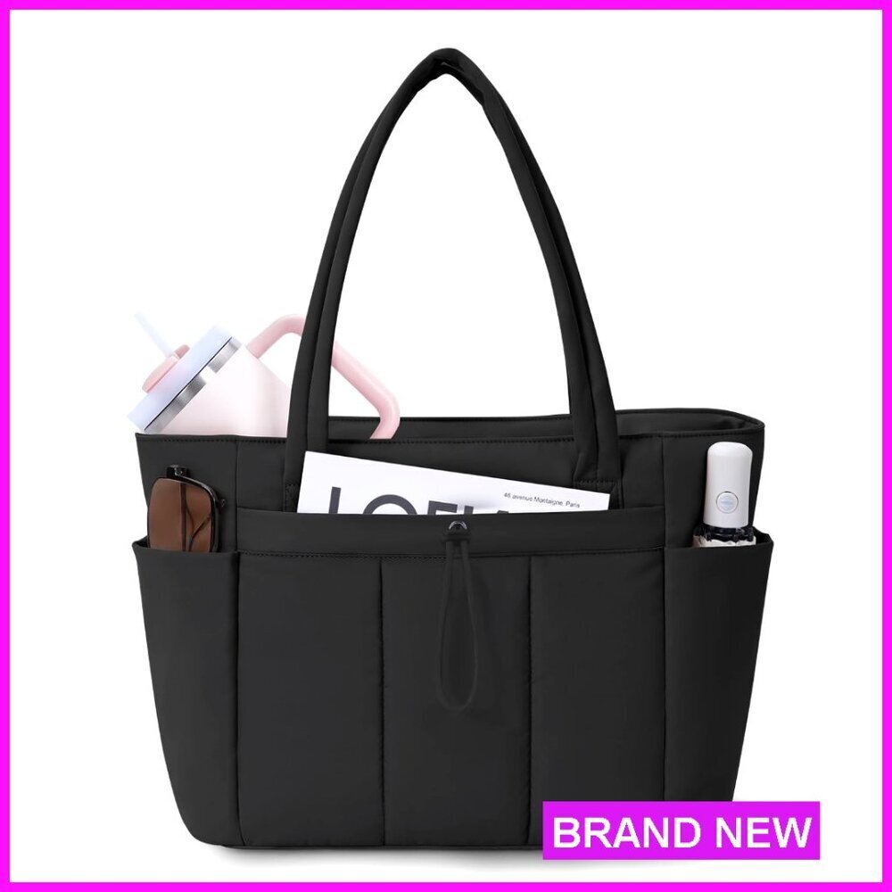 Puffer Tote Bag with Laptop Compartment, Trolley Sleeve & Cup Holder